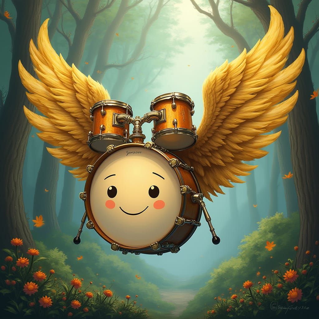 Flying Snare Drums with Angel Wings Over Forest