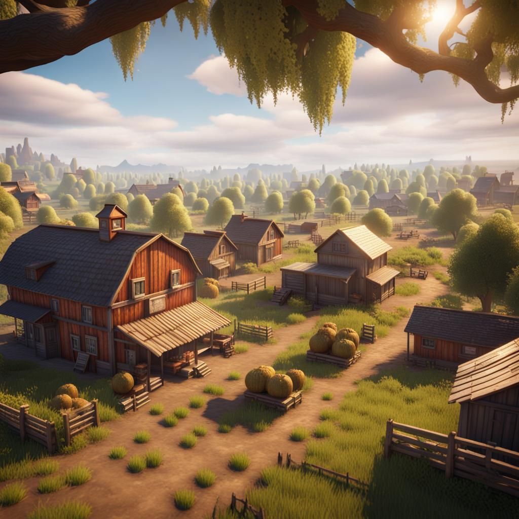 Orchard Farm Town in Cinematic 3D Rendering