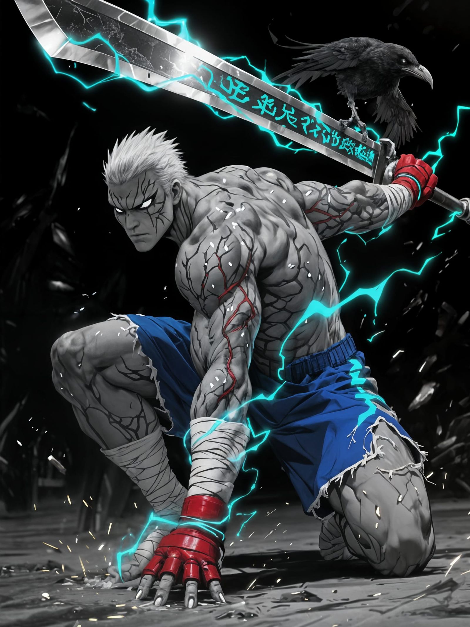 Baki Style Martial Artist in Dynamic Crow Pose with Electric...