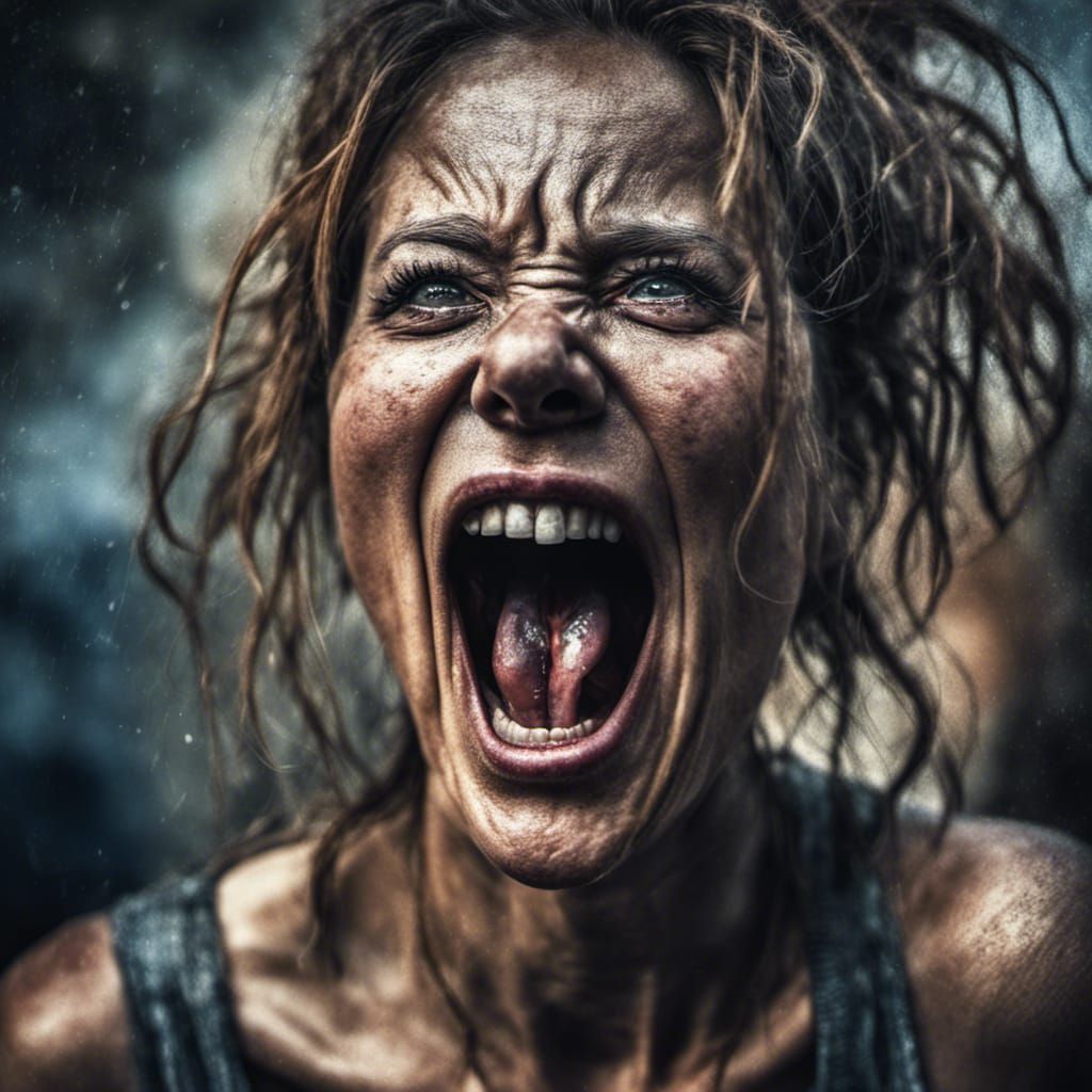 Dramatic Portrait of Screaming Woman in Street Photography S...