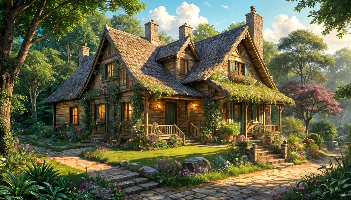 English Cottage in Romantic Forest: Hyperrealistic Concept A...