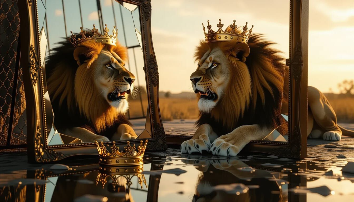 Lion's Reflection: Freedom, Anxiety, and a Broken Mirror