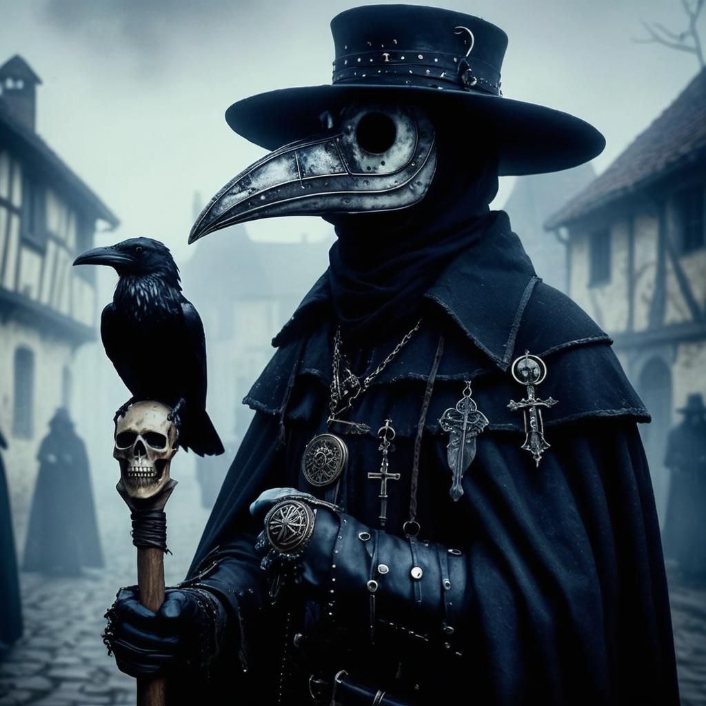 Eerie Plague Doctor in Fog-Shrouded Medieval Town