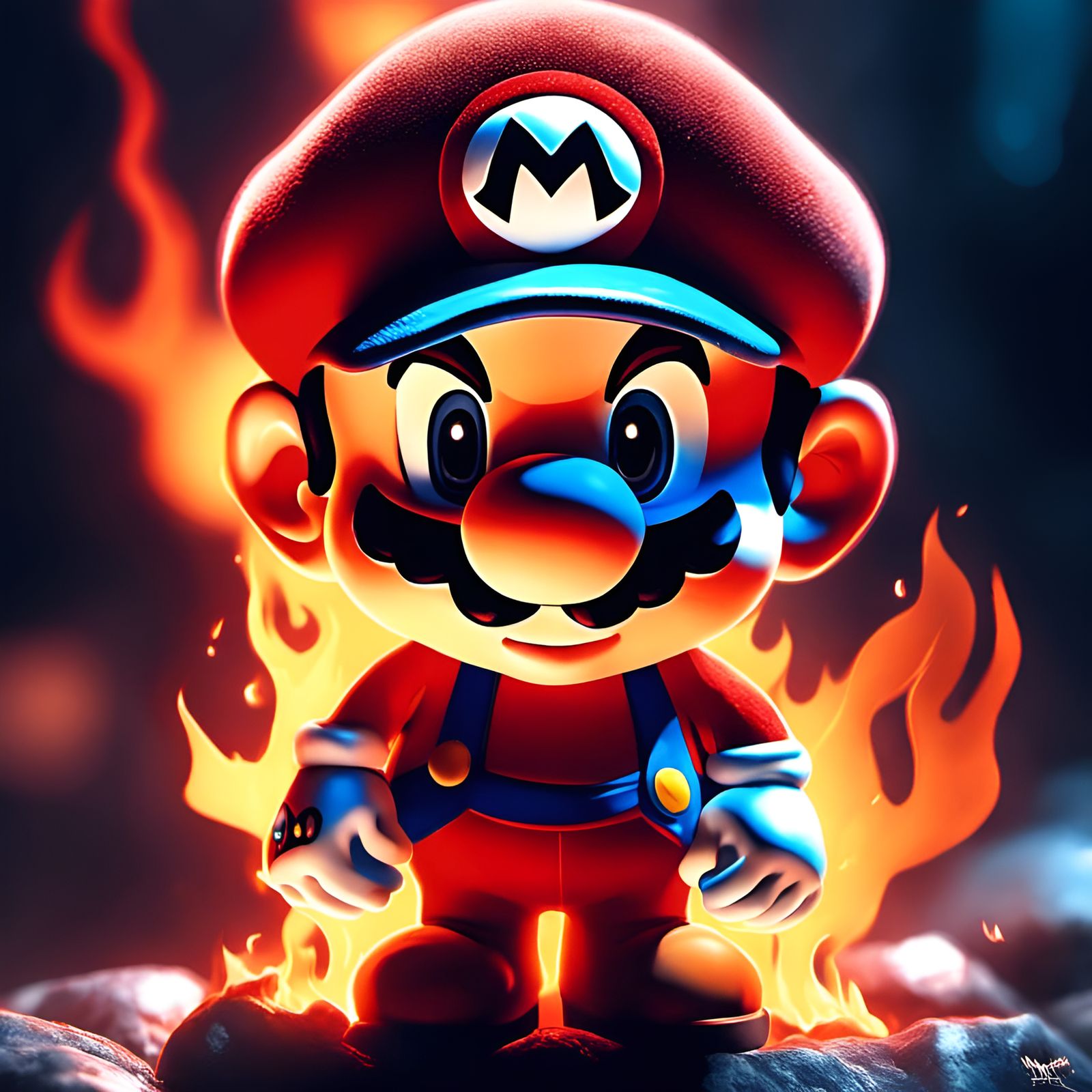 Chibi Anthropomorphic Mario Portrait in Flames