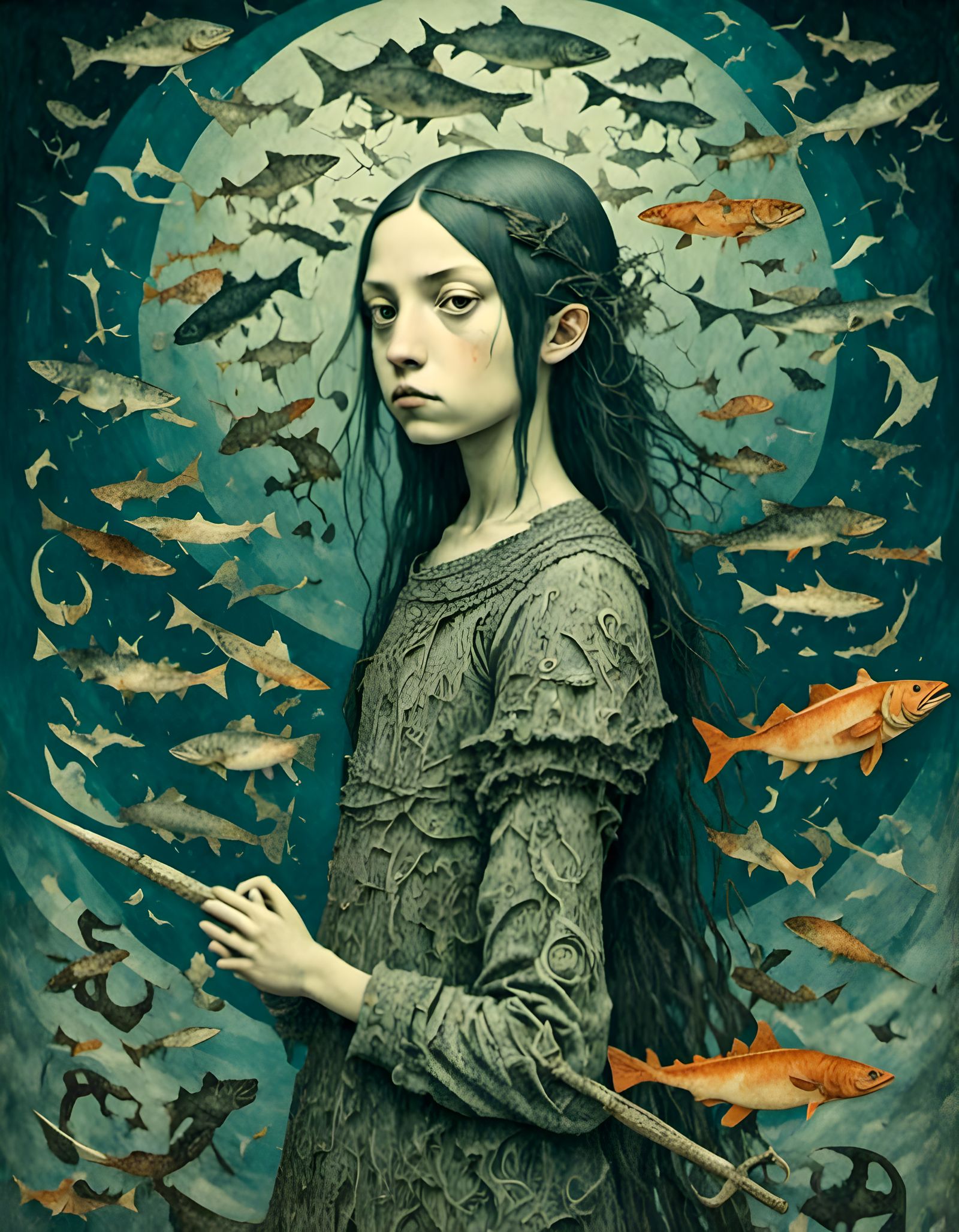 Viking Warrior Girl Spears Fish from the Sky in Dark Surreal...