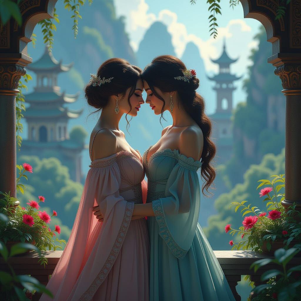 Mystical Landscape: Two Women in a Matte-Painted Style