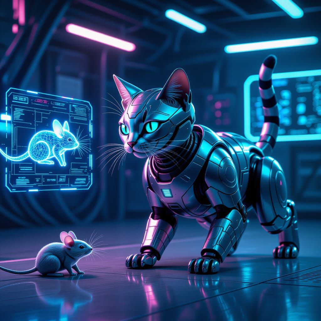 Cyberpunk Cat and Mouse Chase in Neon Lab