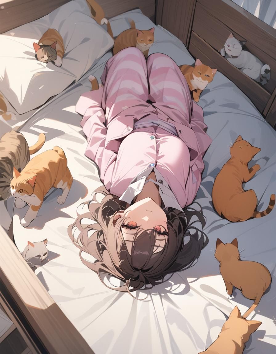 Girl Lying Upside Down with Many Cats