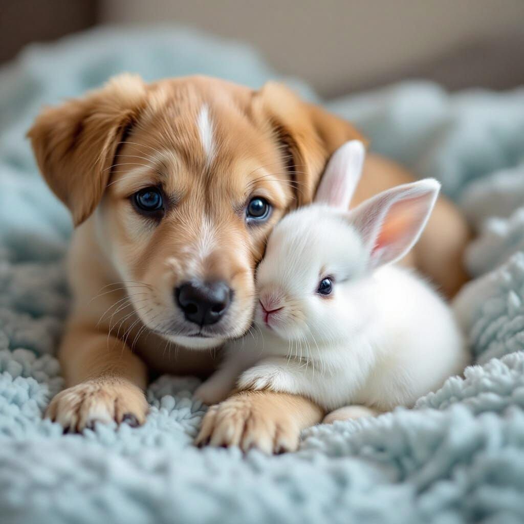 Rabbit and Puppy Cuddle