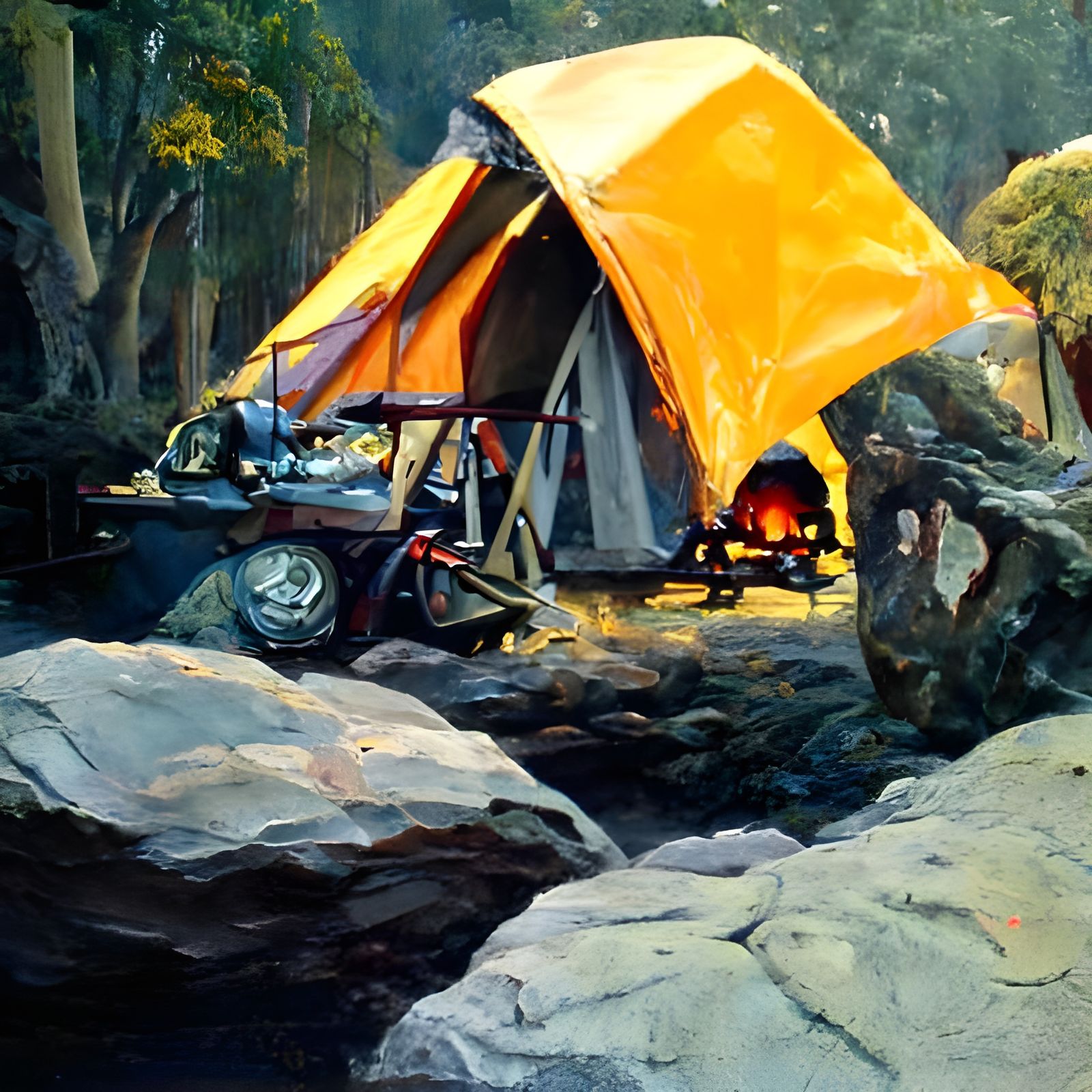 Campsite with Tent and Campfire as Oil Painting