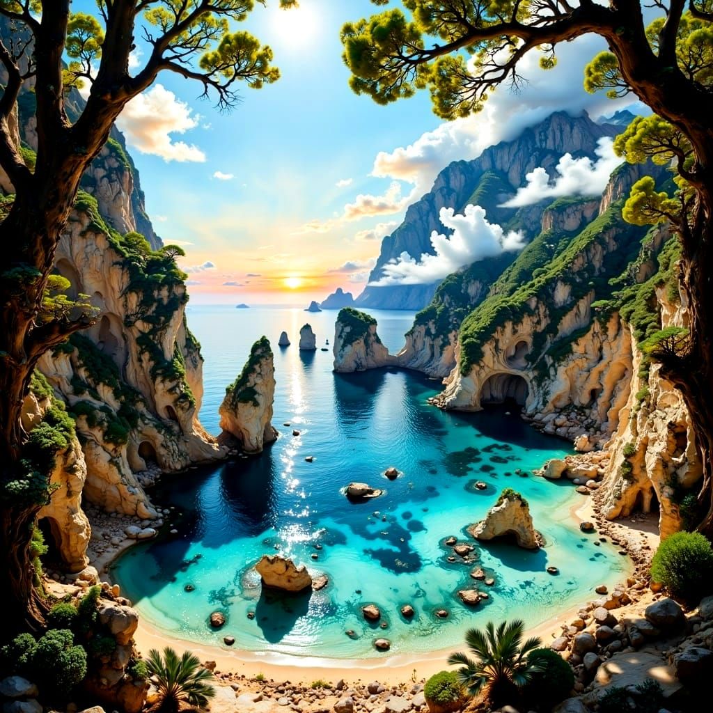 Surreal Italian Seascape in Whimsical Mixed Media Style