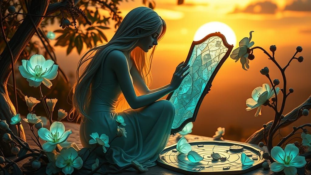 Surreal Woman in Sunset Landscape, Inspired by Klimt and Hae...