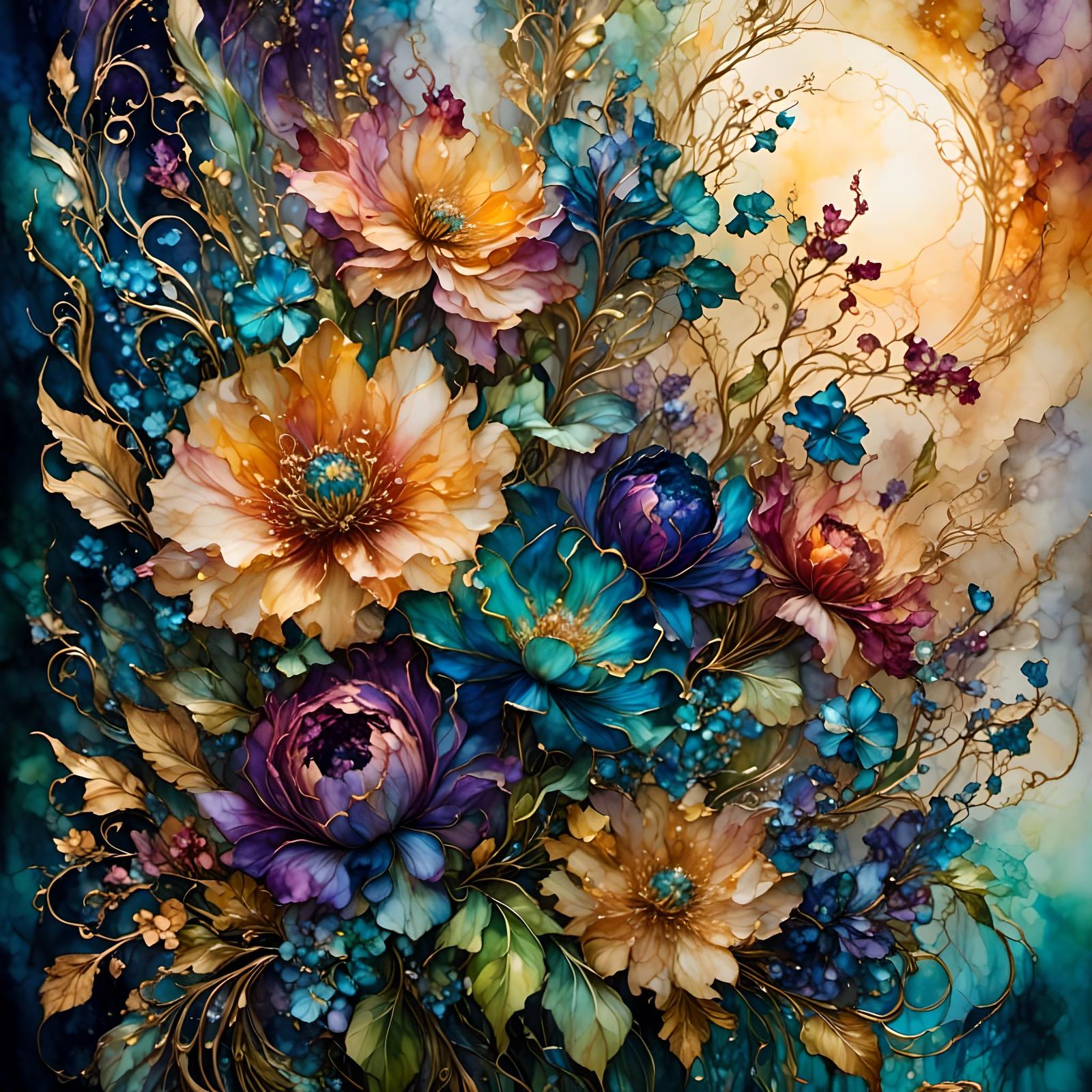 Fantasy Bouquet at Sunset in Alcohol Ink Style
