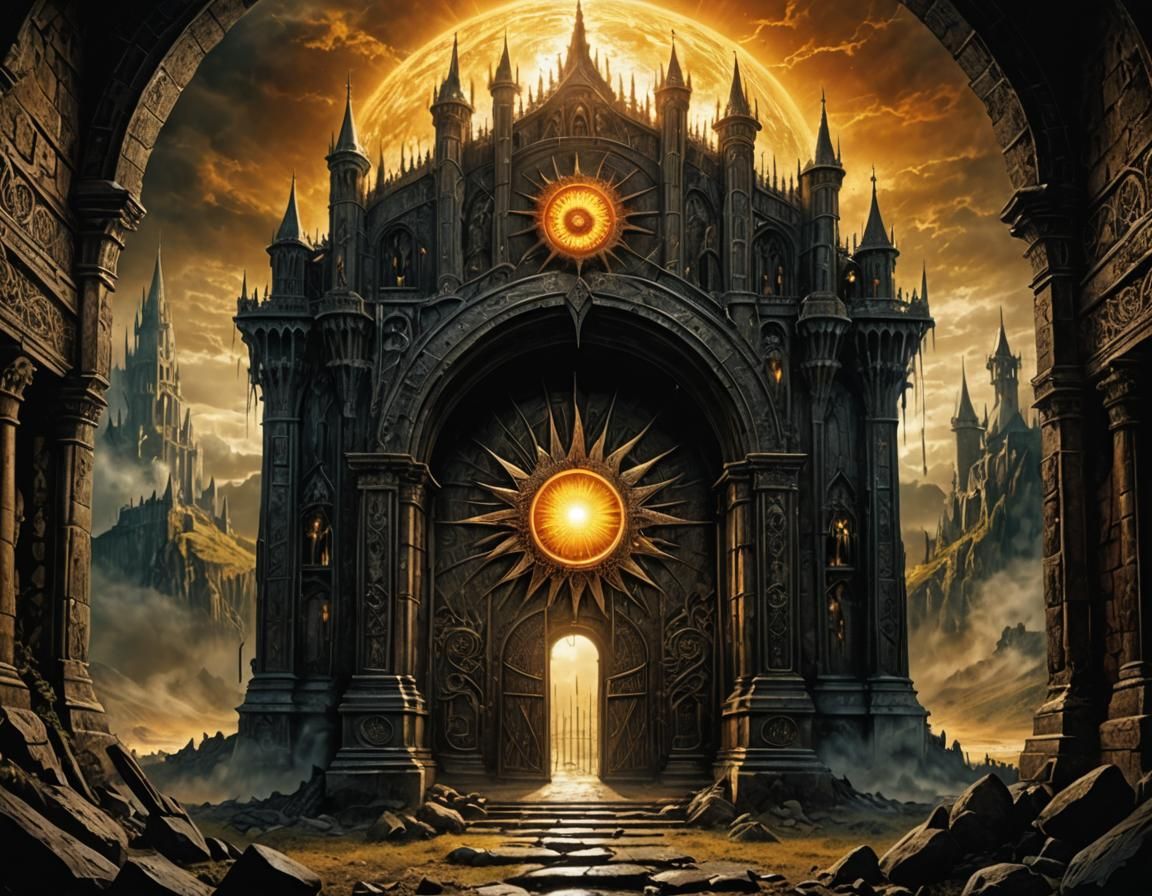Epic Medieval Entrance with Piercing Sun, Detailed Matte Pai...