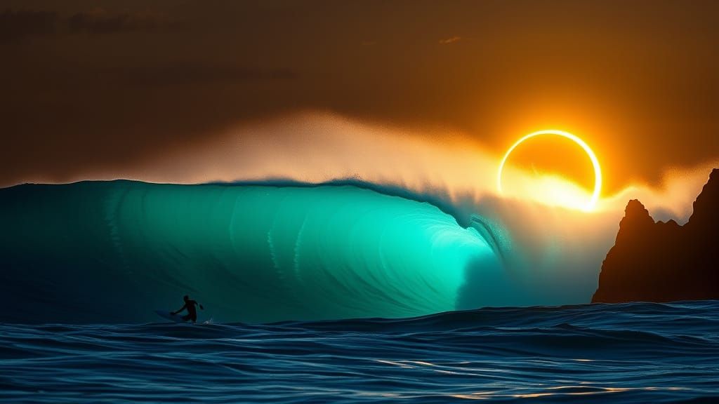 Surfer Rides Colossal Wave During Solar Eclipse