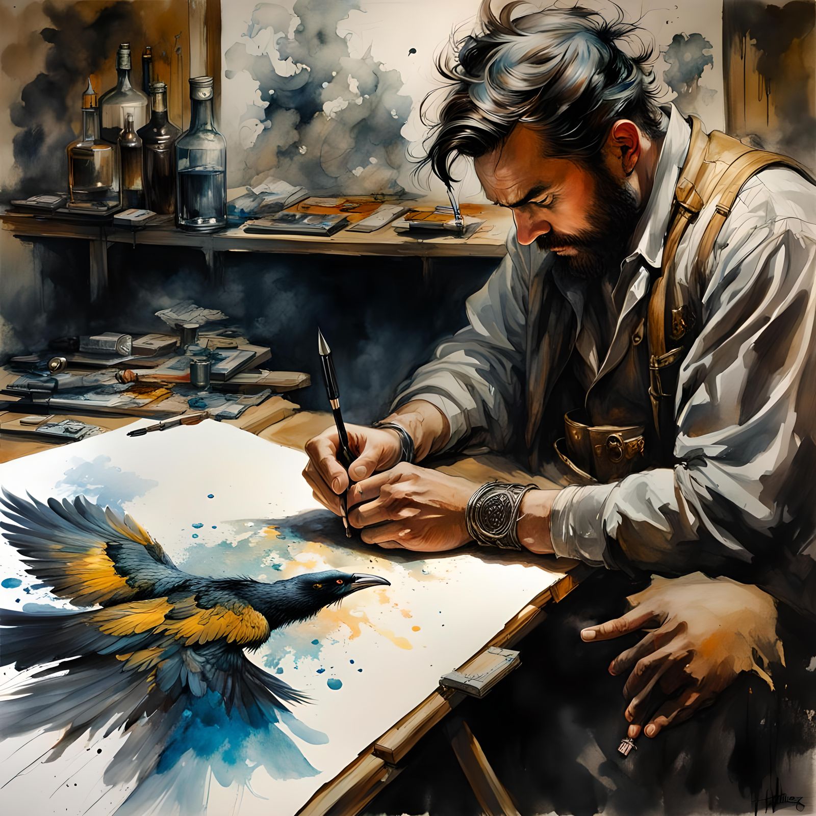 Stylized Watercolor Raven Drawn in Vibrant Ink