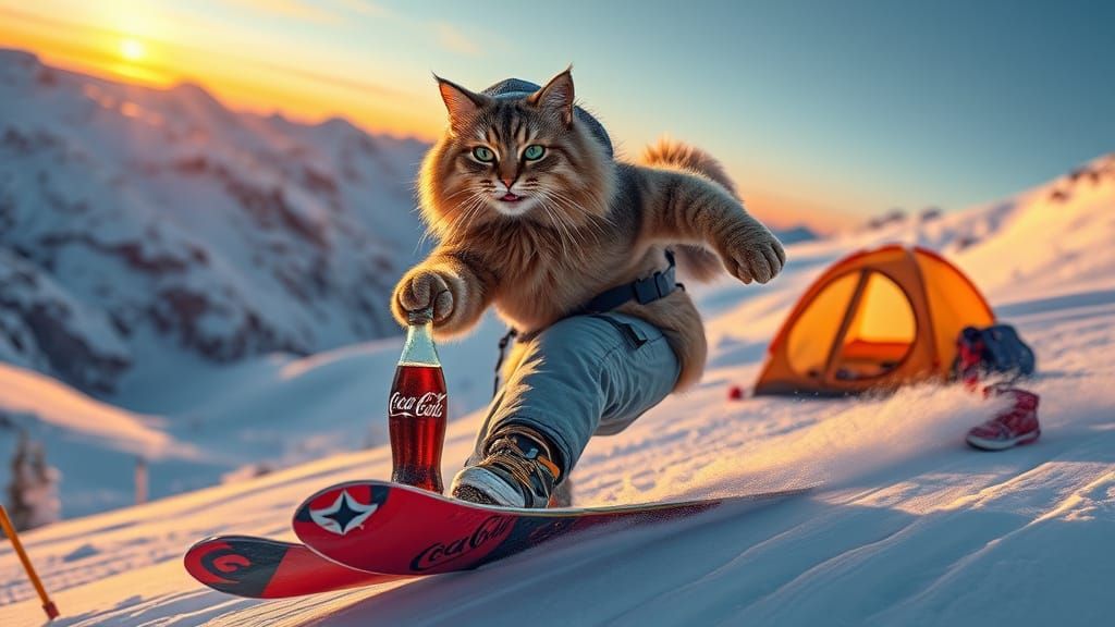 Majestic Cat Rides Snowboard Down Snowy Mountain in Winter W...