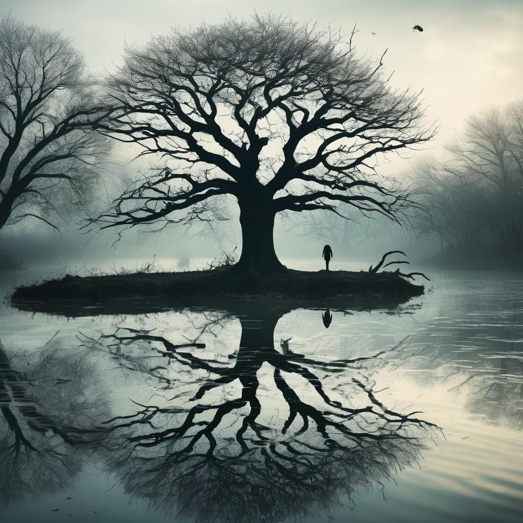 Surreal Insect-Headed Figure in Foggy Park