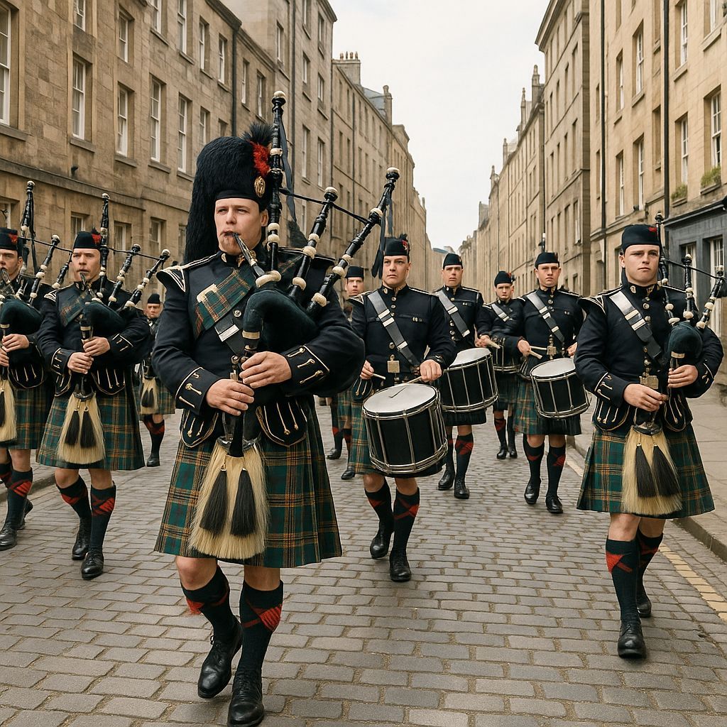 Bagpipe Band in Tartan Kilts Marches On Cobbles