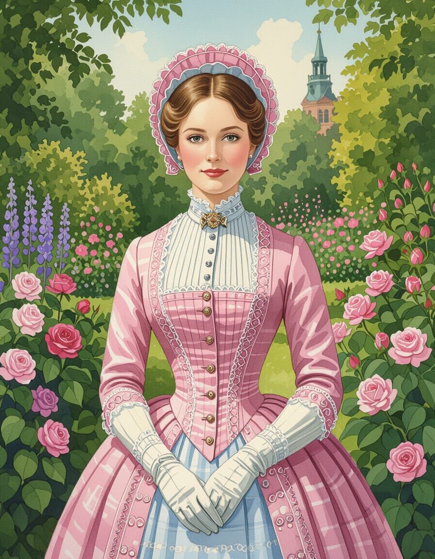 Victorian Woman in Botanic Garden: Watercolor Portrait