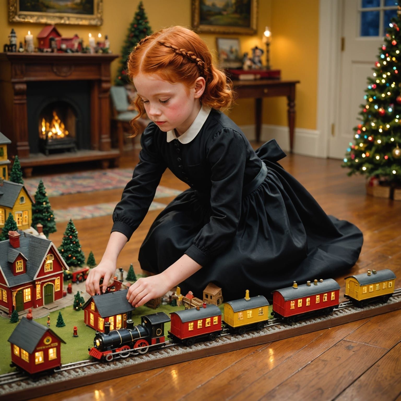 Vibrant Holiday Scene with Young Girl and Miniature Train Se...