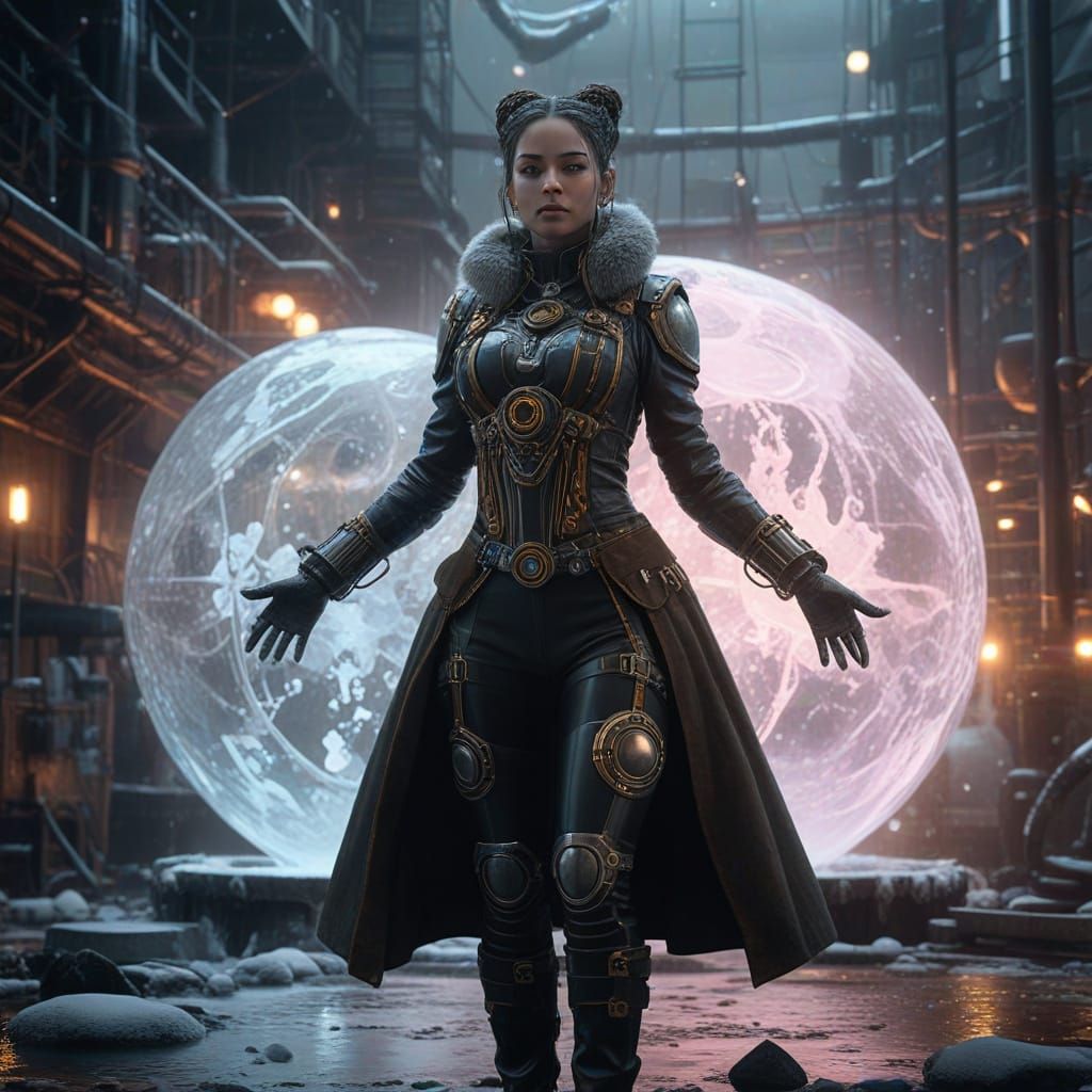 Steampunk Cyborg Maiden Radiates Power Amidst Abandoned Outp...