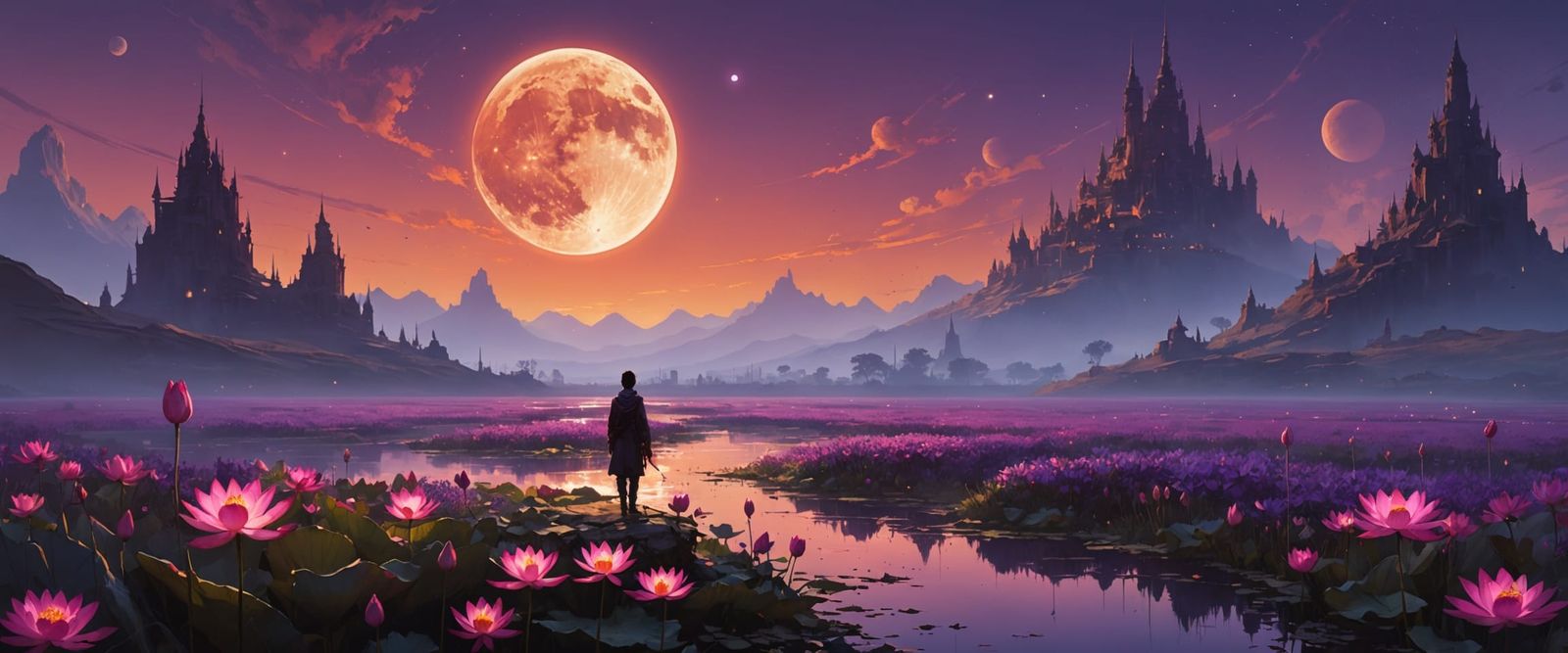 Ethereal Moonlit Lotus Blooms in Vibrant Hues