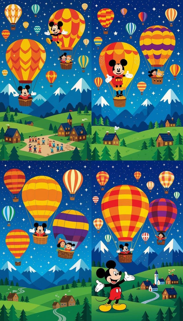 Colorful Hot Air Balloons Over Village at Night