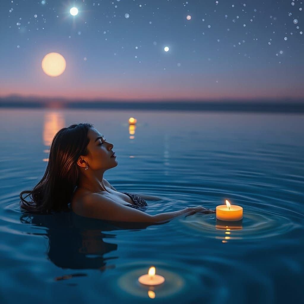 Woman Relaxing in Infinity Pool Under Starry Night Sky
