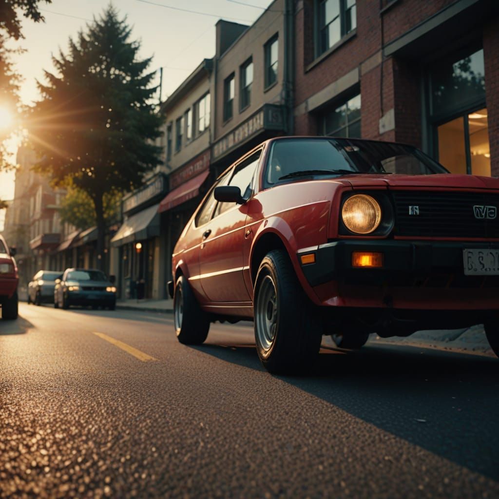 Cinematic Red Yugo Showcased in Hyper-Realistic Film Still