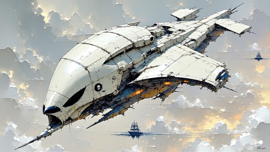 Futuristic Pirate Ship Soaring Through Sky