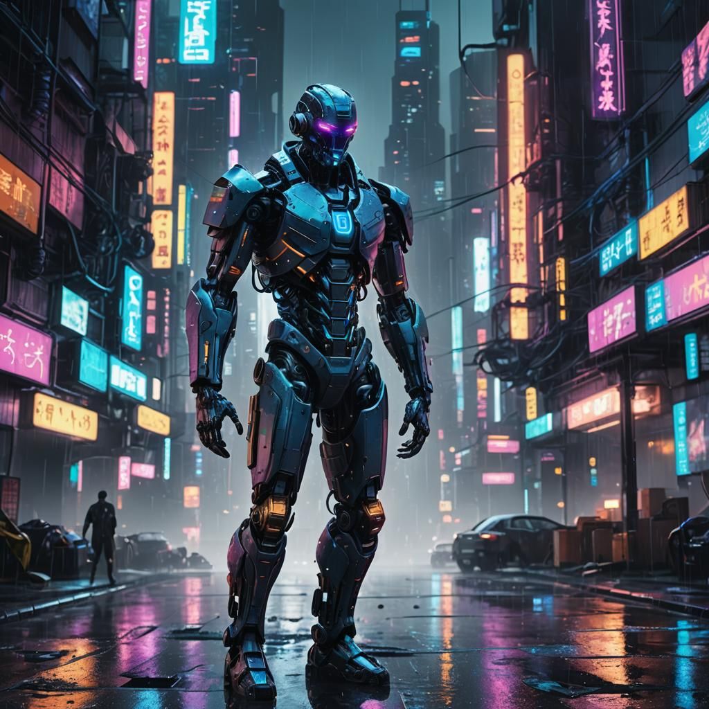 Cyberpunk Humanoid in Futuristic Cityscape