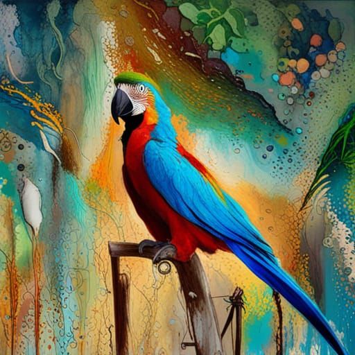 Colorful Macaw with Blue Eyes in Marbling Style