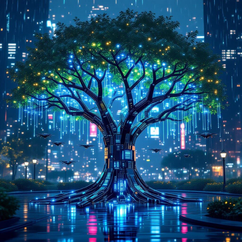 Futuristic Cyberpunk Tree with Holographic Leaves