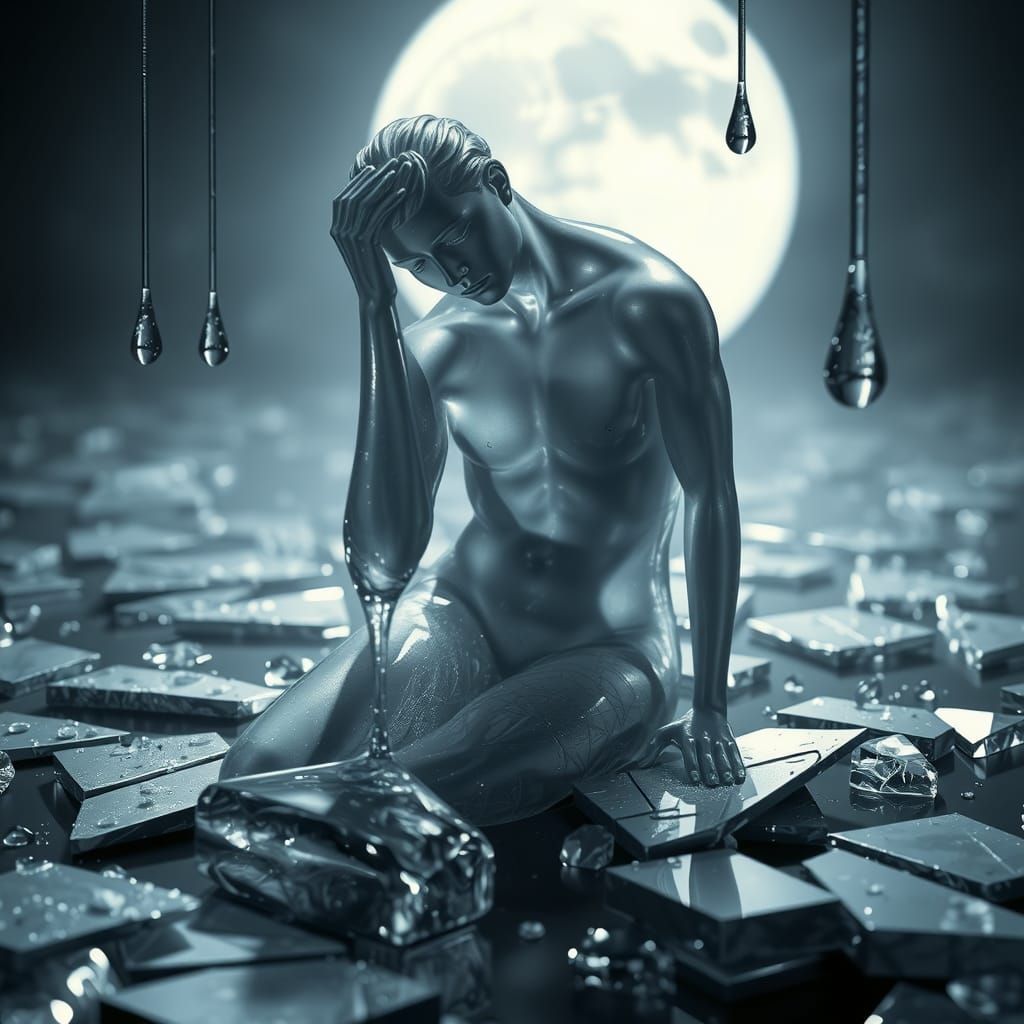 Ethereal Weeping Figure in Fractured Glass