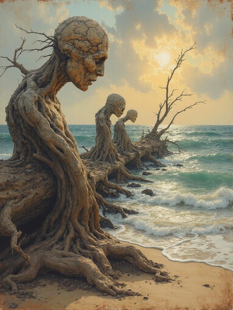 Driftwood Curling Eroded Olde-World Map, Charred and Rusty