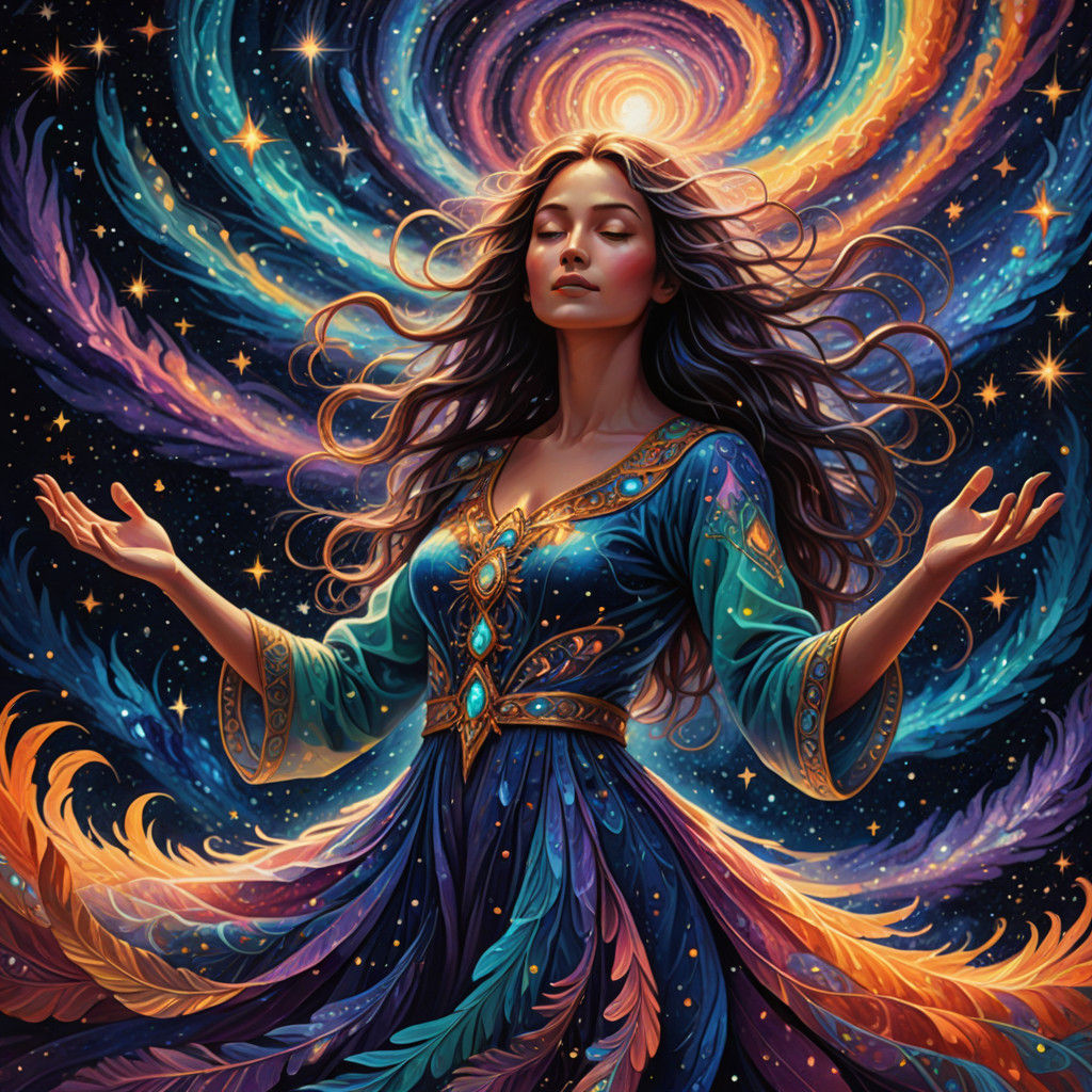Whispering Woman Amidst Cosmic Vortex in Iridescent Colors
