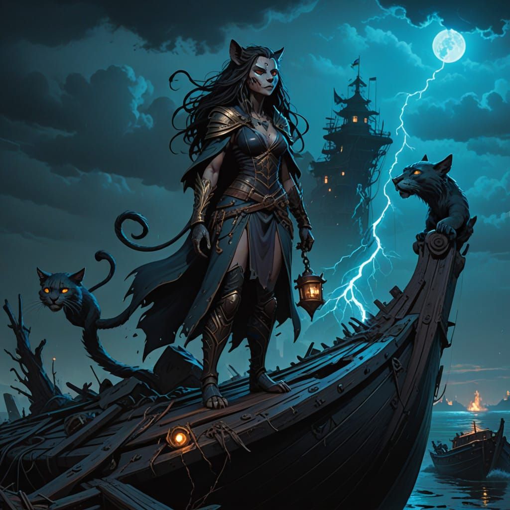 Mystical Feline Sorceress Amidst Dark Skies