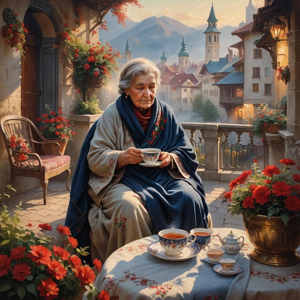 Ethereal Sarajevo Lady Sipping Tea: Oil Painting