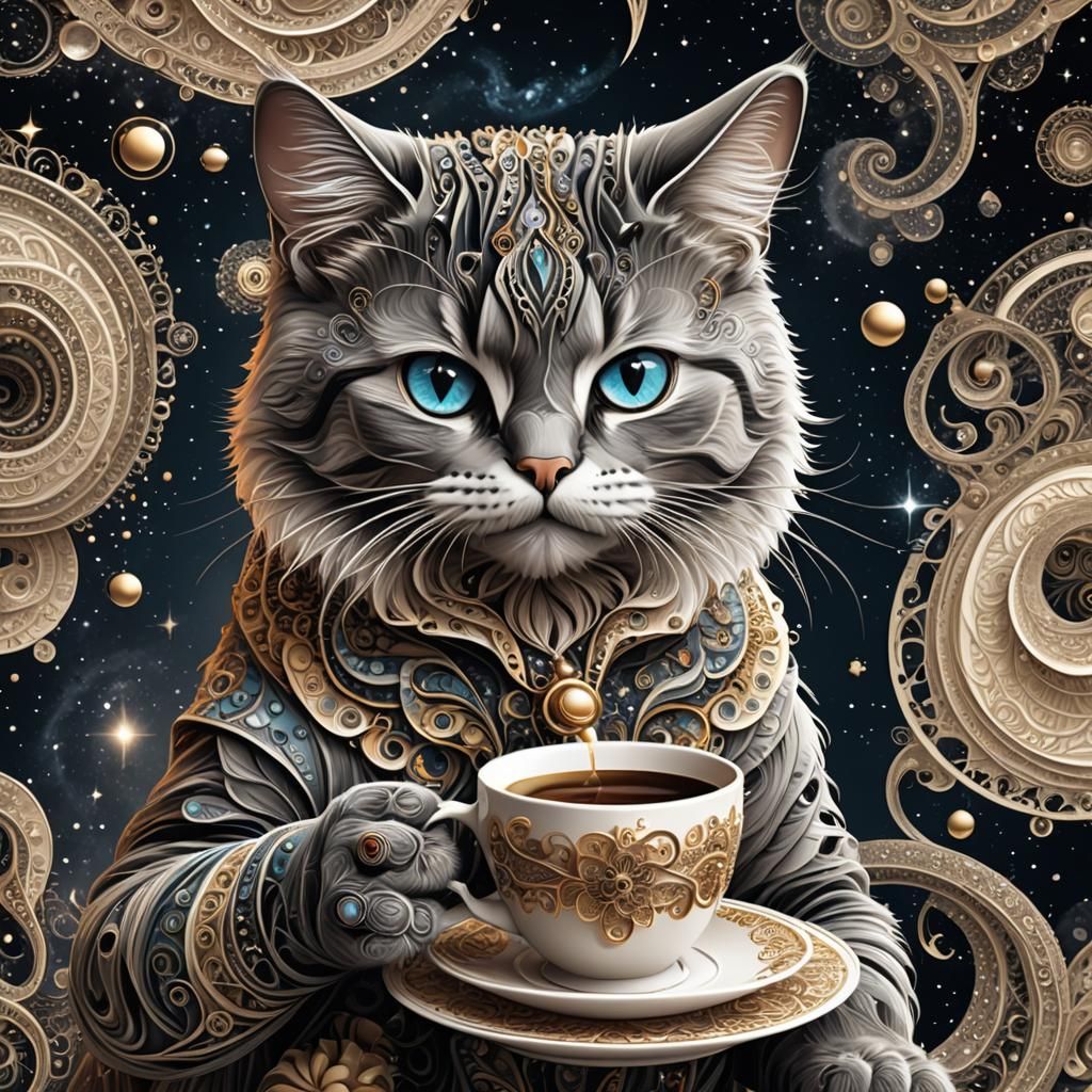 Space Cat Sipping Coffee in Zentangle Style