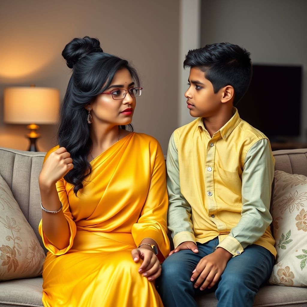 Indian Woman in Yellow Silky Outfit on Sofa
