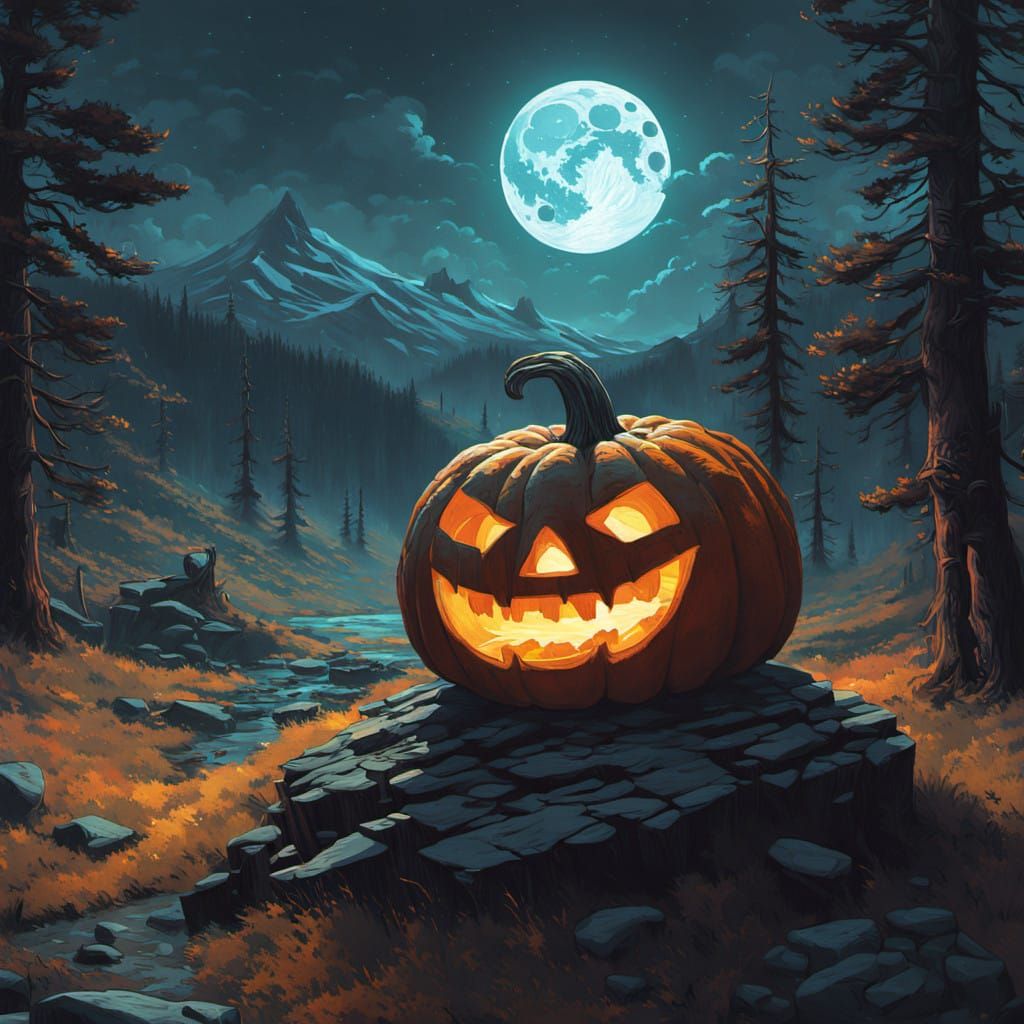 Majestic Futuristic Jack-o'-lantern Illuminated by Celestial...