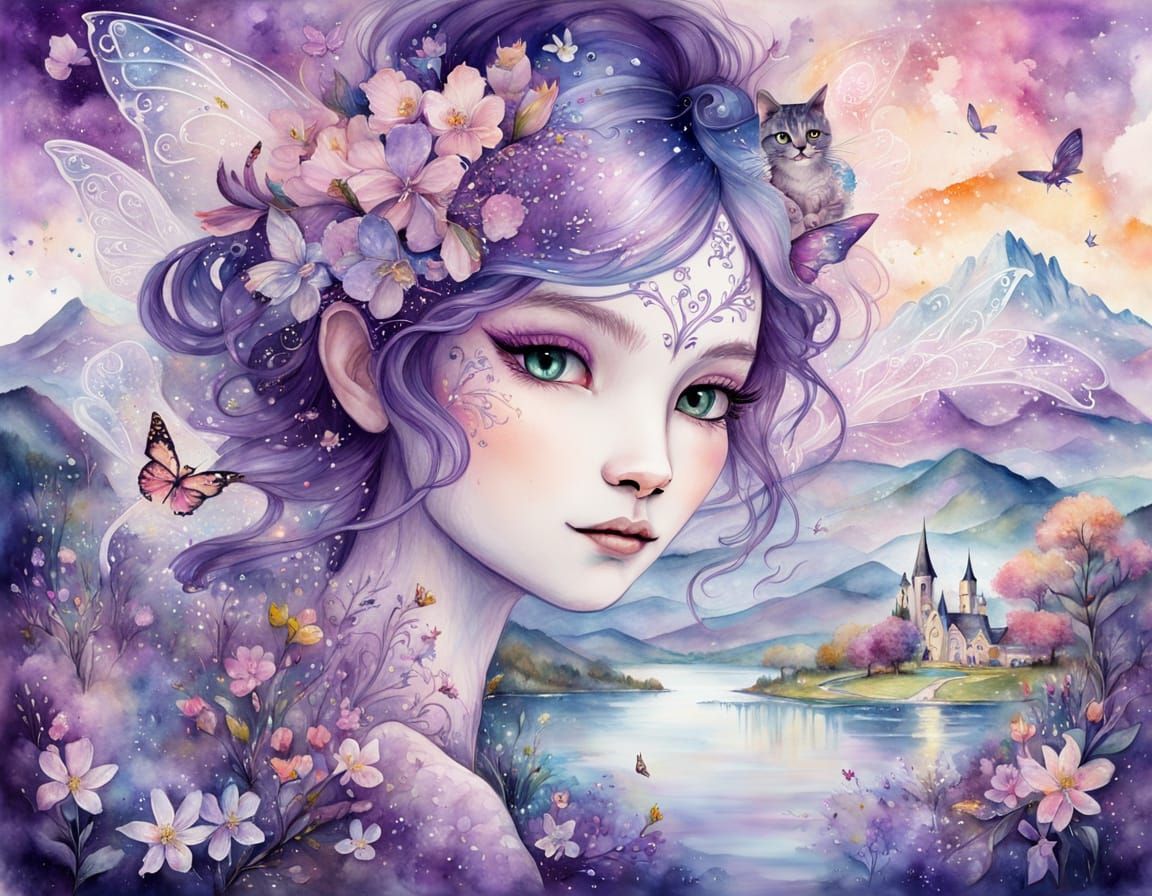 Fairy and Cat in Watercolor Splash Art