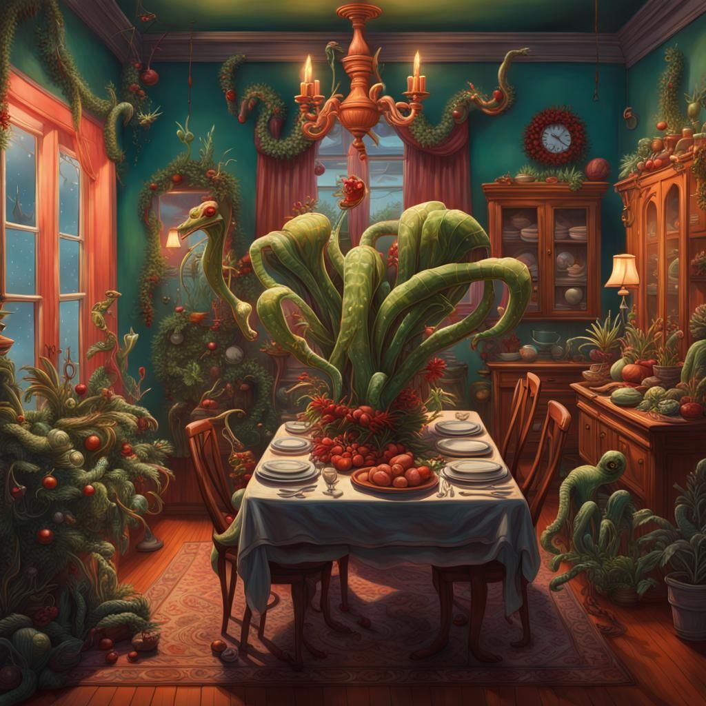 Carnivorous Houseplants Christmas Feast: Surreal Splash Art