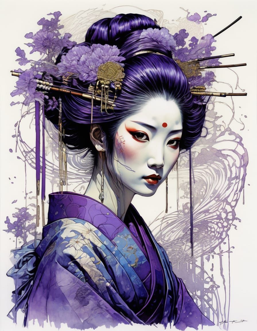 Japanese Geisha Portrait in Vibrant Purple Hues