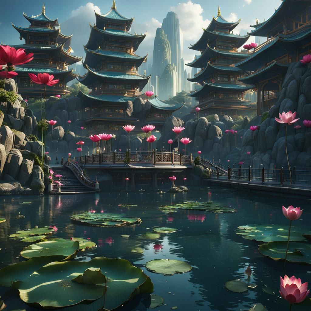 Futuristic Oriental City with Water Park in Metallic Style