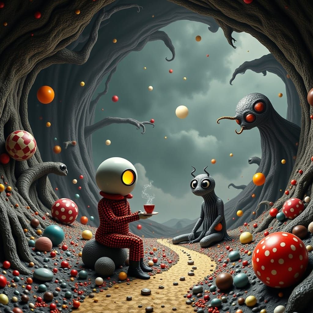 Cosmic Explorer Surrounded by Curious Bug Aliens in a Cave