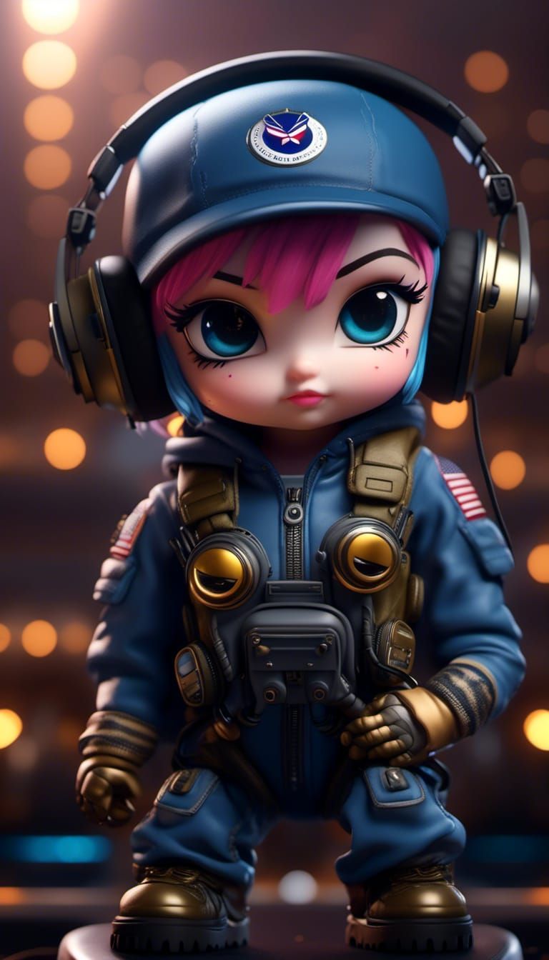 Chibi Air Force Pilot with Headphones in Hyperrealism