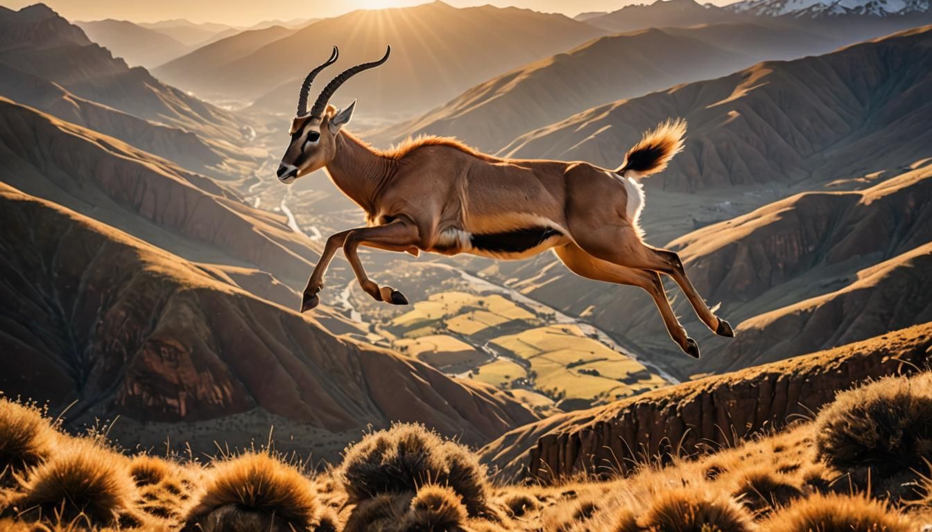 Antelope Leaping in Sunlit Valley: Wildlife Photography