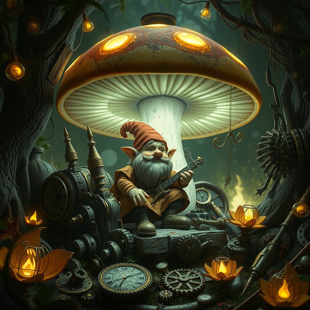 Surreal Steampunk Gnome Among Glowing Mushrooms